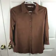 New NWT Women's Soft Surroundings Softly Sueded Button Front Brown Top Large L