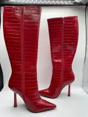 AQUA Women's Red Crocodile Shea Leather Zipper Knee High Pointed Toe Boots NIB