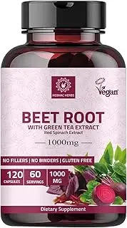 Hebhac Herbs Beetroot Powder Capsules Made With Organic Green Tea Red Spinach Extract Vegan 60 Days Supply 1000 mg 120 count Pack of 1 Red