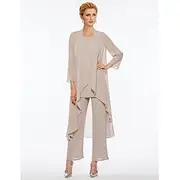 Beach Wedding Jumpsuit / Pantsuit Mother of the Bride Elegant Plus Size Bateau Neck Floor Length Chiffon Sleeveless Wrap Included with Solid Color to impress