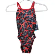 Speedo Swimsuit Youth 22 One Piece Endurance Flyback Racing Cut Abstract Red Blk