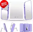 Travel Makeup Vanity Mirror LED Lighted Tri-Fold 1X/3X/7X Magnification Purple