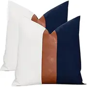 Vfuty Pack of 2 Faux Leather and Cotton Patchwork Throw Pillow Covers 18x18 Inch Modern Accent Decor Cushion Case for Couch Living Room Bedroom, Farmhouse Rustic Pillowcase, Navy