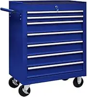 vidaXL 7-Drawer Blue Workshop Tool Trolley - Steel Construction with Secure Lock System, Anti-Slip Bottom Lining, and Swivel Castors