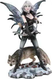 Ebros Winter Snow Fairy Goddess Artemis Hunting with Gray Wolf Statue 10" Tall F
