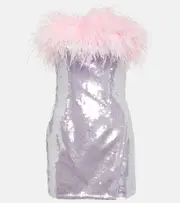 Self-Portrait Feather-trimmed sequined minidress