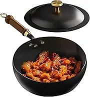 Stock Soup Chinese Wok Traditional Wok with Wooden Handle Seasoned Saucepan Induction Pot with Lid Cast Iron Cookware No Coating Compatible Induction Stove Stir-Fry Soup Chinese Cooking