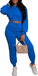 [Tbahhir] Women 2 Piece Casual Outfits Long Sleeve Pullovers Crop Top and Drawstring Long Pants Tracksuit