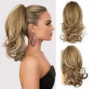 14 Inch Blonde Ponytail Extension - Wavy Pony Tails Hair Extensions Claw Clip Ponytail Extension Synthetic Hair Extensions Ponytail Clip on Ponytails for Women