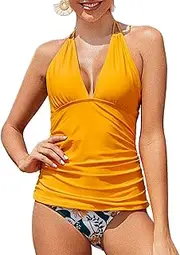 [HALO AQUA] Deep V Binding Tie Backless Tummy Control Halter Swimwear Swimsuit Tankini Set Bathing Suits for Women Girls with Bottom