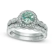 6.0mm Aquamarine and 0.33 CT. T.W. Natural Diamond Frame Antique Vintage-Style Bridal Engagement Ring Set in Solid 14K White Gold