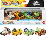 Hot Wheels RacerVerse HKD32 Racer Verse 4-Pack Die-Cast Vehicles and Jurassic World Charlie, Owen, Dilophosaurus and Allosaurus Drivers