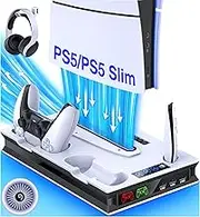 ALEEMTRY PS5 Accessory Stand for PS5 Slim, PS5 Stand with PS5 Controller Charging Station / 3 Stage Fan / 3 Extra USB Ports, PS5 Stand for PS5 Slim Disc & Digital Edition