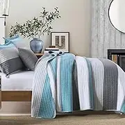 DUOHONG 100% Cotton Quilted Bedspread Coverlet Set Queen Size, Queen Lightweight Quilt with 2 Pillow Shams, Striped Quilted Coverlet Bedding Set Bed Blanket for Queen Bed, Bluish-Green
