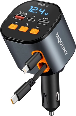 Retractable Car Charger,5 in 1 Fast Cars Phone Charger 90W,Bluetooth 5.3 FM Tran