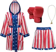 [Regenboog] American Flag Boxing Costume Men and Women,Rocky Balboa Costume Adult,Satin Boxer Robe Shorts Belt,Boxing Gloves