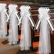 FineCheer 12 Set Large Wedding Pew Bows with Long Tulle Tails Wedding Pew Bows Church Chair Aisle Decorations Wedding Car Decoration Big Bows for Bridal Shower Reception Birthday Anniversary(White)