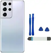for Samsung Galaxy S21 Ultra Back Glass Cover Waterproof Housing Door with Camera Glass Lens and Tape Parts Replacement for Samsung Galaxy S21 Ultra 5G + Tools, Phantom Sliver