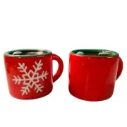 Sleigh Bell Bistro Red Hot Cocoa Mugs Salt & Pepper shakers White Snowflakes