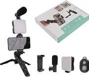 Portable Live Streaming Kit with LED Fill Light + Microphone + Extendable Phone Clip + Tripod + Bluetooth Remote 120° Adjust Dual Color Temp (3200K-6500K) Remote Selfie Control