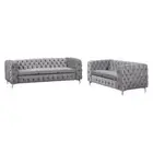 3+2 Seater Sofa Classic Button Tufted Lounge in Grey Velvet Fabric with Metal Le