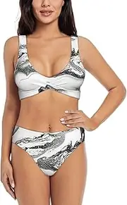 [JEJEA] Black and White Marble Print Women Swimsuit, Women's High-Waisted Bikini Set, Two-Piece Sport Bathing Suits