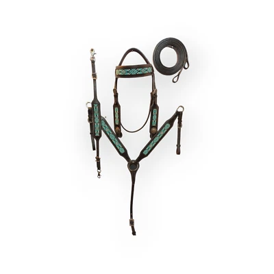 western Leather Equestrian Tooled Beaded Headstall,Breast Collar & Reins. (H029)