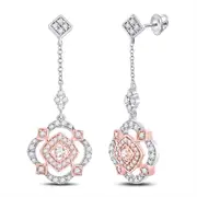 10k Two-tone Gold Round Diamond Offset Square Dangle Earrings 1/2 Cttw