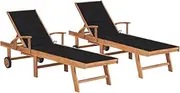 Sun Loungers 2 pcs with Black Cushion Solid Teak Wood