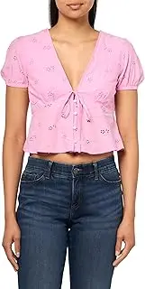 [Tommy Jeans] Casual Cotton Blouse with Front Tie Eyelet Tops for Women