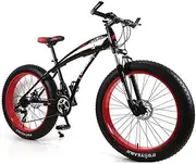 Mountain Bike Mens Mountain Bike 7/21/24/27 Speeds, 26 inch Fat Tire Road Bicycle Snow Bike Pedals with Disc Brakes and Suspension Fork,BlackRed,21 Sp