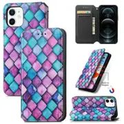 For Apple iPhone 12 Leather Wallet Flip Case With RFID Blocking Credit Card Holder Slots Cover - Purple Scales