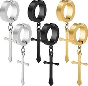 [ANDPAI] Personalized Punk Vintage Stainless Steel Cross Dangle Hoop Earrings Black Silver Hinged Huggie Cross Ring Drop Earrings for Men Women Boys Girls