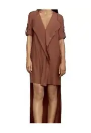 $248 BCBGMaxAzria Gabriella High Low Dress Deconstructed Shirt Brown V-Neck XS