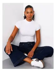 [Grab Denim] Short Sleeve Mock Neck Tee in White