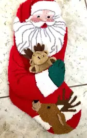 Vintage 3D Santa Reindeer Super Plush Quilted Stocking 20" New NWT Velvet