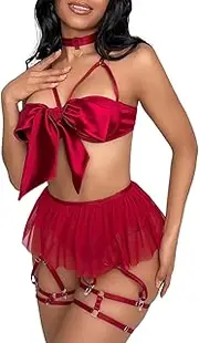 [Generic] Lingerie for Women Underwired Push Up Semi Bra and Panty with Garter Belt Lingerie Set Mini Skirt Exotic Choker Set