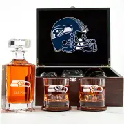 Seattle Seahawks - Engraved Football Whiskey Decanter 2 Glasses In Wood Box