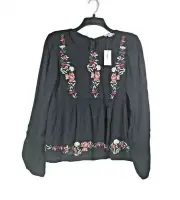American Eagle XS Black Floral Boho Top Shirt womens large Peasant Ruffle Blouse