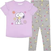 [Isaac Morris Limited] Peanuts Snoopy & Woodstock Girls Short Ruffle Sleeve T-Shirt and Leggings 2-Piece Set for Kids