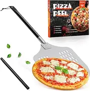 Leonyo 12" Perforated Pizza Peel, Pizza Turning Peel, Aluminum Paddle with Long Adjustable Handle for Baking, Bread, Lightweight & Non-Stick