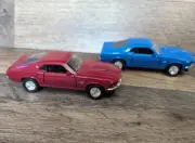 2 NEW WELLY 1969 FORD MUSTANG BOSS DIECAST 1/34 CAR TOY BLUE RED PULL BACK GO