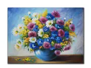 Floral Geuine oil painting, Blue purple flowers on pot, size 80x80cm stretched o