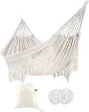 ROOITY Indoor Hammock with Macrame Fringe for 2 Persons,Double Pure White