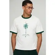 Mens Ecru Boxy Palm Graphic Ringer T-Shirt