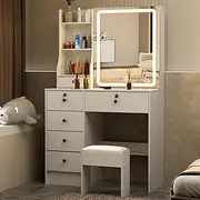 Umeiga Dressing Table with Lights, Makeup Table with 3 Oppen and Hidden Shelves & Stool, Girls Vanity Set with 5 Drawers for Home and Bedroom, White Modern Vanity with HD Mirror