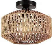 Vintage Hemp Rope Ceiling Light Fixture - Handmade Woven Chandelier, Flush Mount Metal Shade, Rustic Ceiling Lamp for Bedroom, Kitchen, Hallway, Home Decor