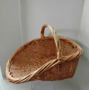 Vintage Wide Wicker Decorative Basket Unique Flat Side Tan Wood Rolled Edges