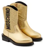 [Moschino Kids] Moschino Kids Logo glitter leather cowboy boots UK 8 gold