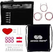 [ChiaoGoo] Twist Red Lace 4-Inch Mini 7400-M Interchangeable Circular Needle Set, Sizes US 000, 00, 0, 1, 1.5 with 3 Cords, Connectors, Stitch Markers, Stoppers Bundle with 1 Artsiga Crafts Project Bag
